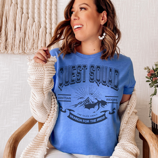 Quest Squad Tee Shirt - The Bean Workshop - Aretian Riders, Basgiath, Book Lover Gift, Booktok Merch, Dragon Rider, Empyrean Series, Epic Fantasy, Fourth Wing Gift., Fourth Wing Merch, Iron Flame Merch, Liam Mairi, Quest Squad, Rebecca Yarros, Romantasy, Search for the Irids, Sloane Mairi, t-shirt, tee, Vintage Band Tee, Violet Sorrengail, Xaden Riorson