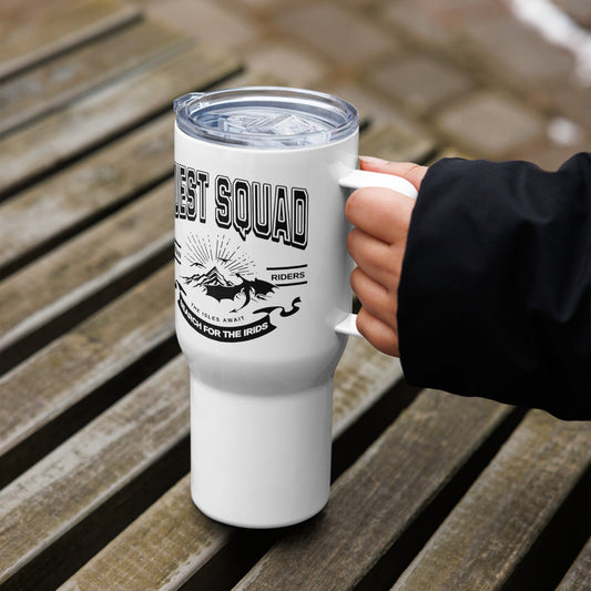 Quest Squad Travel Mug - The Bean Workshop - Aretian Riders, Basgiath, Book Lover Gift, Booktok Merch, Dragon Rider, Empyrean Series, Epic Fantasy, Fourth Wing Gift., Fourth Wing Merch, Iron Flame Merch, Liam Mairi, mug, Quest Squad, Rebecca Yarros, Romantasy, Search for the Irids, Sloane Mairi, travel mug, Vintage Band Tee, Violet Sorrengail, Xaden Riorson
