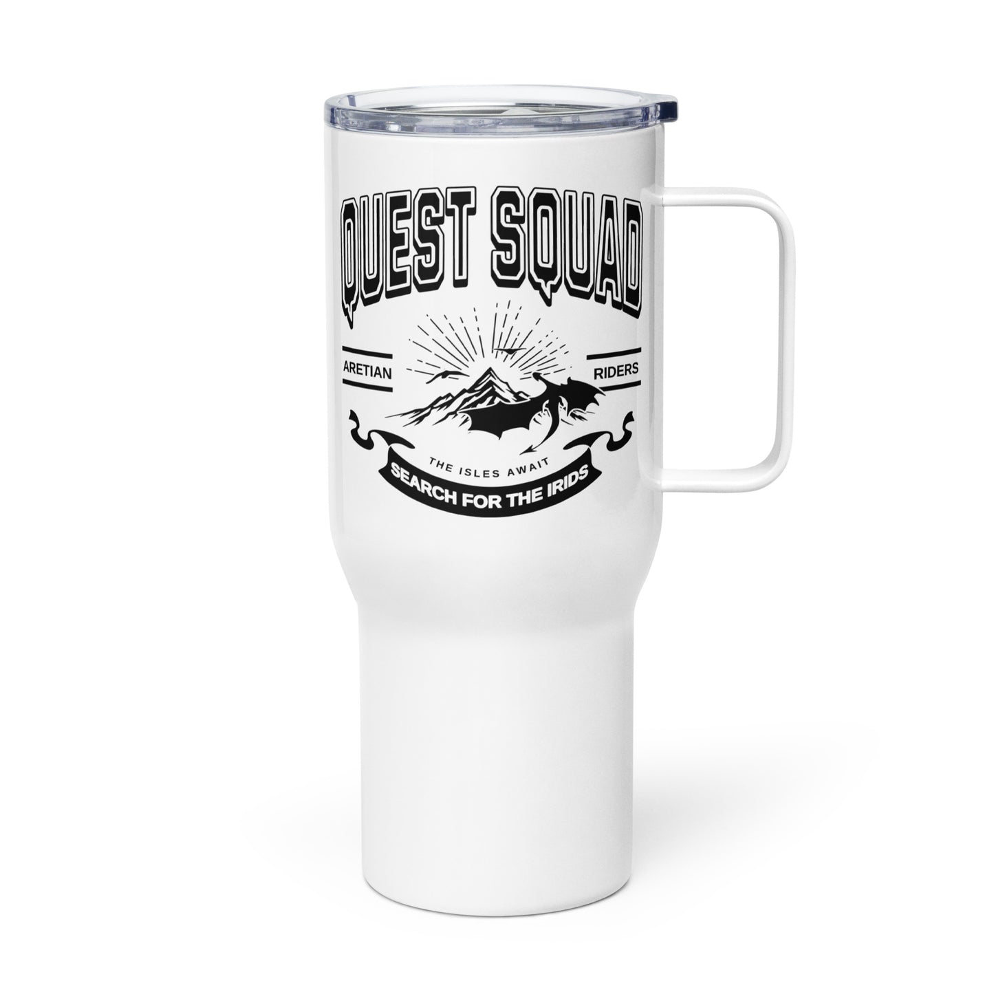 Quest Squad Travel Mug - The Bean Workshop - Aretian Riders, Basgiath, Book Lover Gift, Booktok Merch, Dragon Rider, Empyrean Series, Epic Fantasy, Fourth Wing Gift., Fourth Wing Merch, Iron Flame Merch, Liam Mairi, mug, Quest Squad, Rebecca Yarros, Romantasy, Search for the Irids, Sloane Mairi, travel mug, Vintage Band Tee, Violet Sorrengail, Xaden Riorson