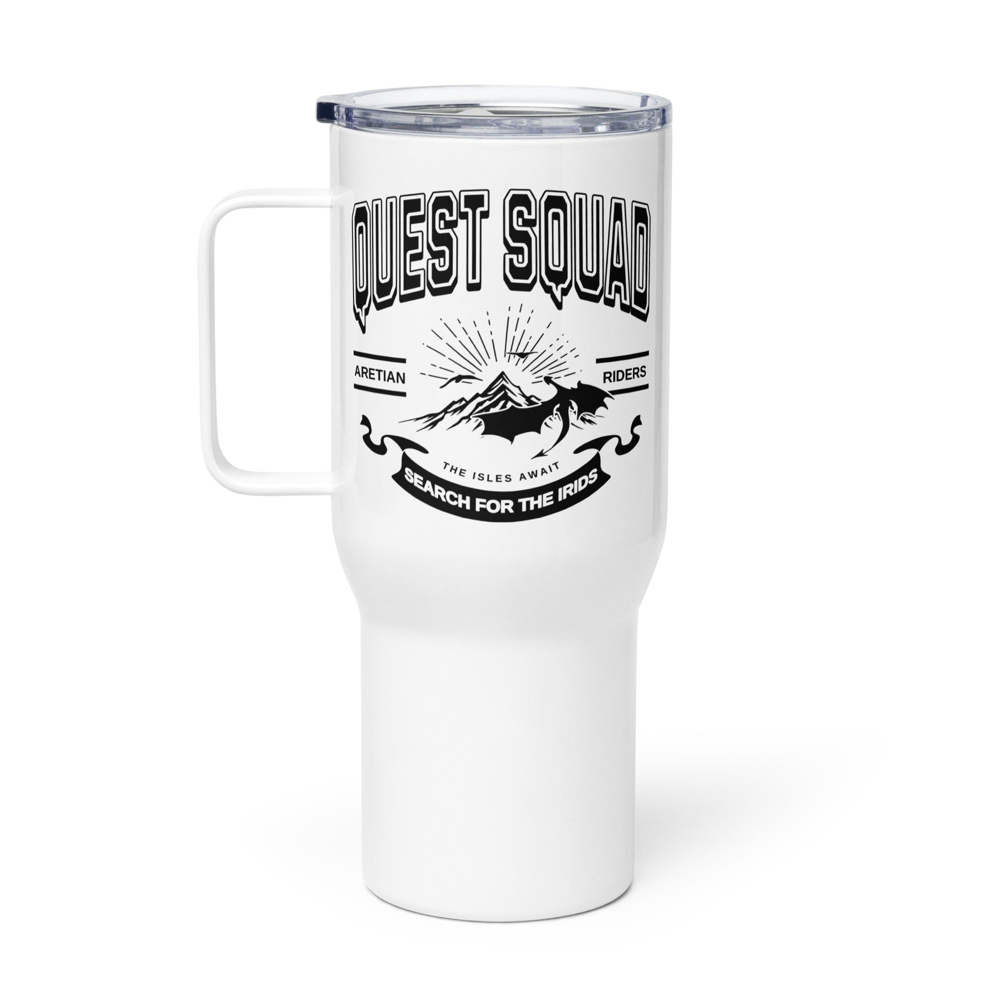 Quest Squad Travel Mug - The Bean Workshop - Aretian Riders, Basgiath, Book Lover Gift, Booktok Merch, Dragon Rider, Empyrean Series, Epic Fantasy, Fourth Wing Gift., Fourth Wing Merch, Iron Flame Merch, Liam Mairi, mug, Quest Squad, Rebecca Yarros, Romantasy, Search for the Irids, Sloane Mairi, travel mug, Vintage Band Tee, Violet Sorrengail, Xaden Riorson