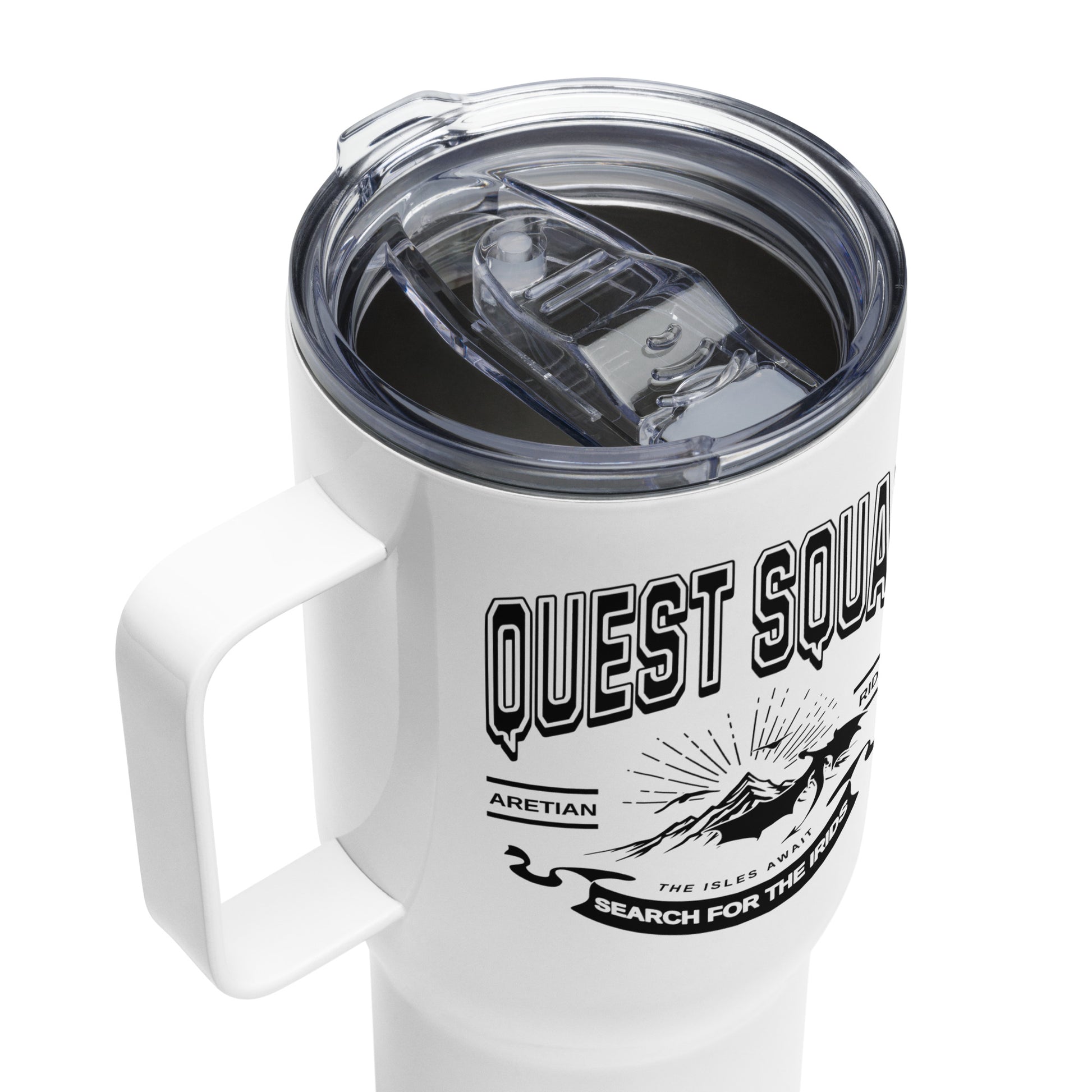 Quest Squad Travel Mug - The Bean Workshop - Aretian Riders, Basgiath, Book Lover Gift, Booktok Merch, Dragon Rider, Empyrean Series, Epic Fantasy, Fourth Wing Gift., Fourth Wing Merch, Iron Flame Merch, Liam Mairi, mug, Quest Squad, Rebecca Yarros, Romantasy, Search for the Irids, Sloane Mairi, travel mug, Vintage Band Tee, Violet Sorrengail, Xaden Riorson