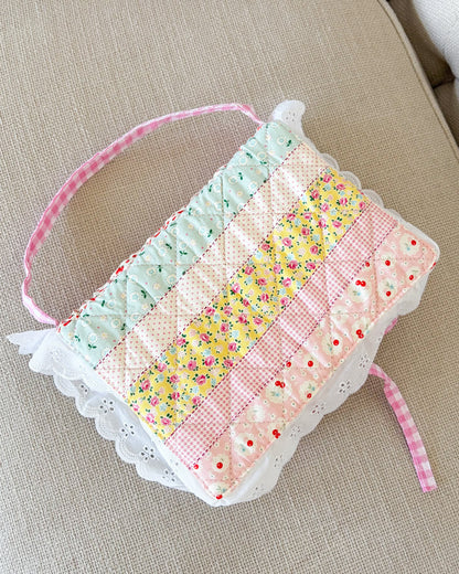 Quilted Floral Book Sleeve for Large Study Bible Cover - The Bean Workshop - Baptism gift, bible cover, bible gift, bible journaling, book sleeve, Confirmation gift, cottagecore, cottagecore gift, eyelet lace, faith gift, First Communion gift, handmade, handmade gift, patchwork, quilted book sleeve