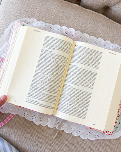 Quilted Floral Book Sleeve for Large Study Bible Cover - The Bean Workshop - Baptism gift, bible cover, bible gift, bible journaling, book sleeve, Confirmation gift, cottagecore, cottagecore gift, eyelet lace, faith gift, First Communion gift, handmade, handmade gift, patchwork, quilted book sleeve