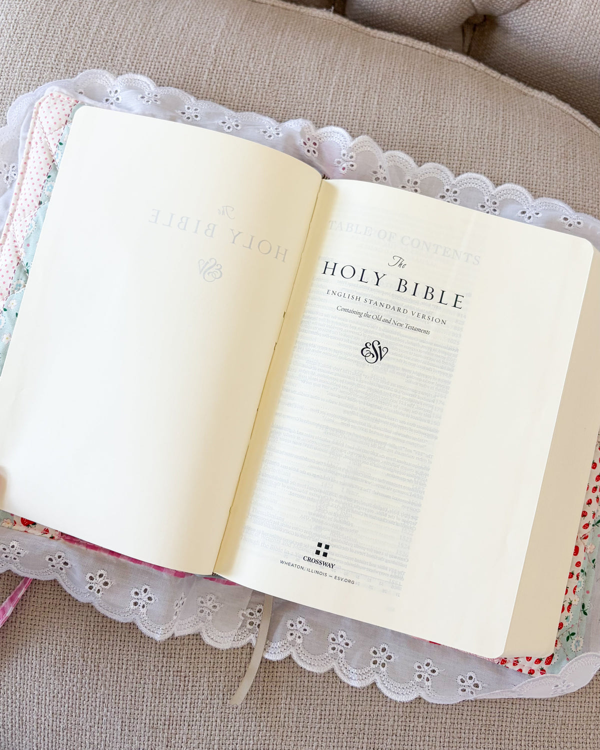 Quilted Floral Book Sleeve for Large Study Bible Cover - The Bean Workshop - Baptism gift, bible cover, bible gift, bible journaling, book sleeve, Confirmation gift, cottagecore, cottagecore gift, eyelet lace, faith gift, First Communion gift, handmade, handmade gift, patchwork, quilted book sleeve