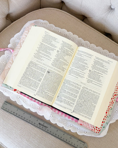 Quilted Floral Book Sleeve for Large Study Bible Cover - The Bean Workshop - Baptism gift, bible cover, bible gift, bible journaling, book sleeve, Confirmation gift, cottagecore, cottagecore gift, eyelet lace, faith gift, First Communion gift, handmade, handmade gift, patchwork, quilted book sleeve