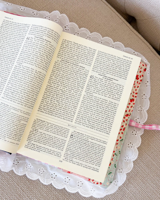 Quilted Floral Book Sleeve for Large Study Bible Cover - The Bean Workshop - Baptism gift, bible cover, bible gift, bible journaling, book sleeve, Confirmation gift, cottagecore, cottagecore gift, eyelet lace, faith gift, First Communion gift, handmade, handmade gift, patchwork, quilted book sleeve