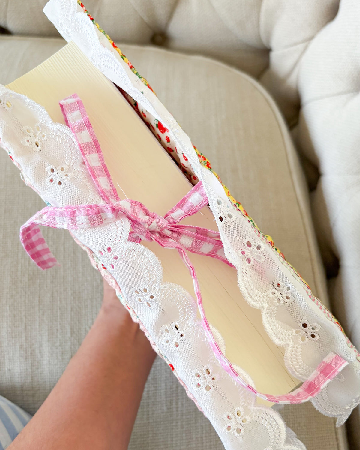 Quilted Floral Book Sleeve for Large Study Bible Cover - The Bean Workshop - Baptism gift, bible cover, bible gift, bible journaling, book sleeve, Confirmation gift, cottagecore, cottagecore gift, eyelet lace, faith gift, First Communion gift, handmade, handmade gift, patchwork, quilted book sleeve