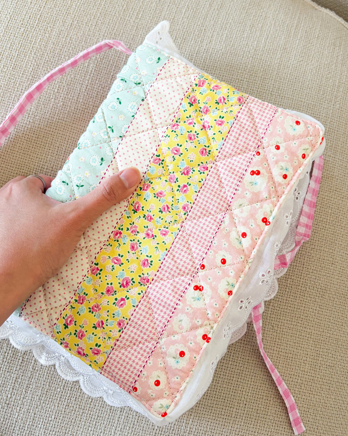 Quilted Floral Book Sleeve for Large Study Bible Cover - The Bean Workshop - Baptism gift, bible cover, bible gift, bible journaling, book sleeve, Confirmation gift, cottagecore, cottagecore gift, eyelet lace, faith gift, First Communion gift, handmade, handmade gift, patchwork, quilted book sleeve