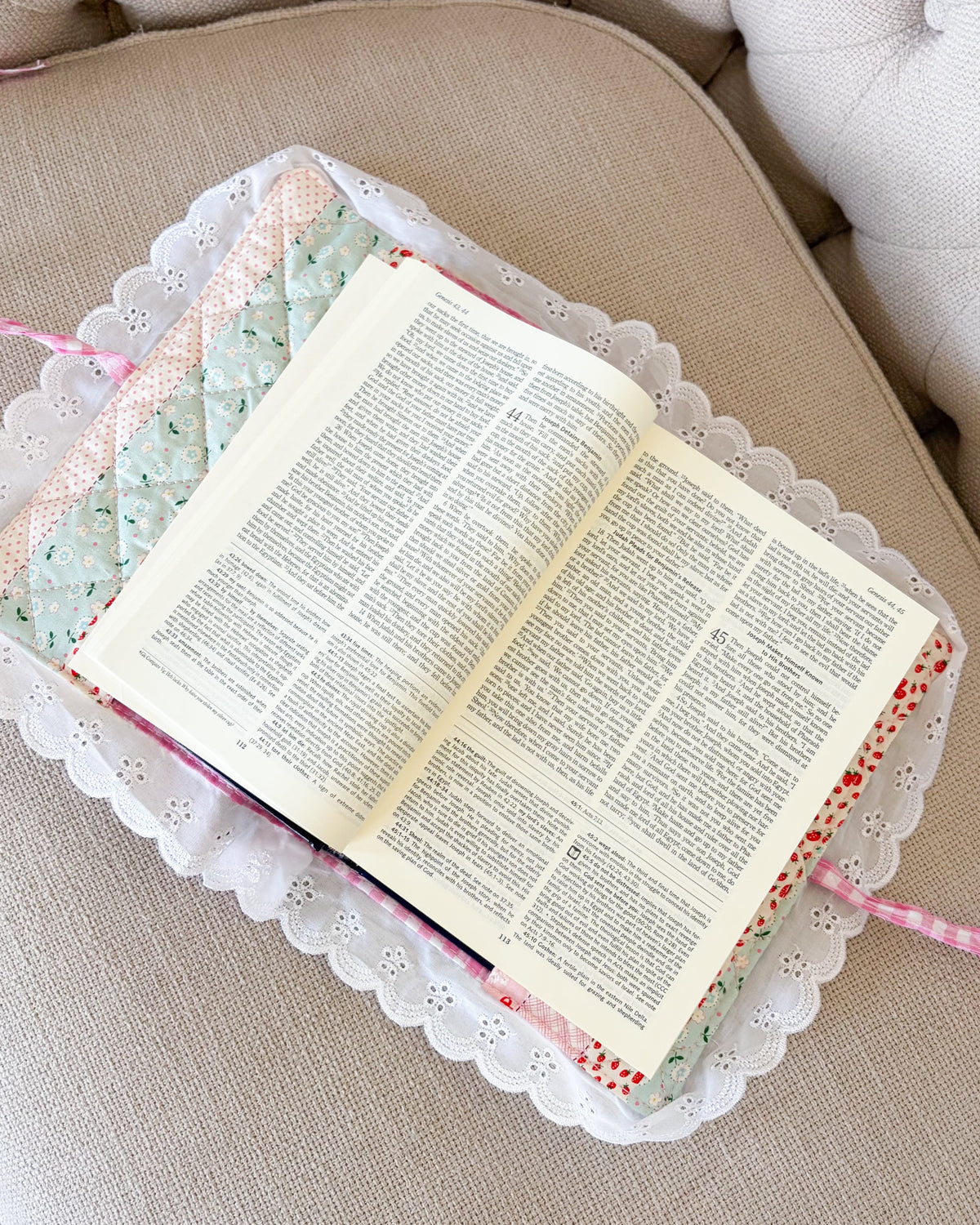 Quilted Floral Book Sleeve for Large Study Bible Cover - The Bean Workshop - Baptism gift, bible cover, bible gift, bible journaling, book sleeve, Confirmation gift, cottagecore, cottagecore gift, eyelet lace, faith gift, First Communion gift, handmade, handmade gift, patchwork, quilted book sleeve
