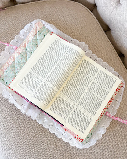 Quilted Floral Book Sleeve for Large Study Bible Cover - The Bean Workshop - Baptism gift, bible cover, bible gift, bible journaling, book sleeve, Confirmation gift, cottagecore, cottagecore gift, eyelet lace, faith gift, First Communion gift, handmade, handmade gift, patchwork, quilted book sleeve
