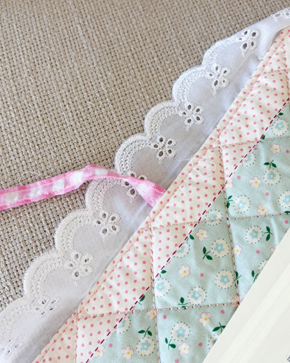 Quilted Floral Book Sleeve for Large Study Bible Cover - The Bean Workshop - Baptism gift, bible cover, bible gift, bible journaling, book sleeve, Confirmation gift, cottagecore, cottagecore gift, eyelet lace, faith gift, First Communion gift, handmade, handmade gift, patchwork, quilted book sleeve