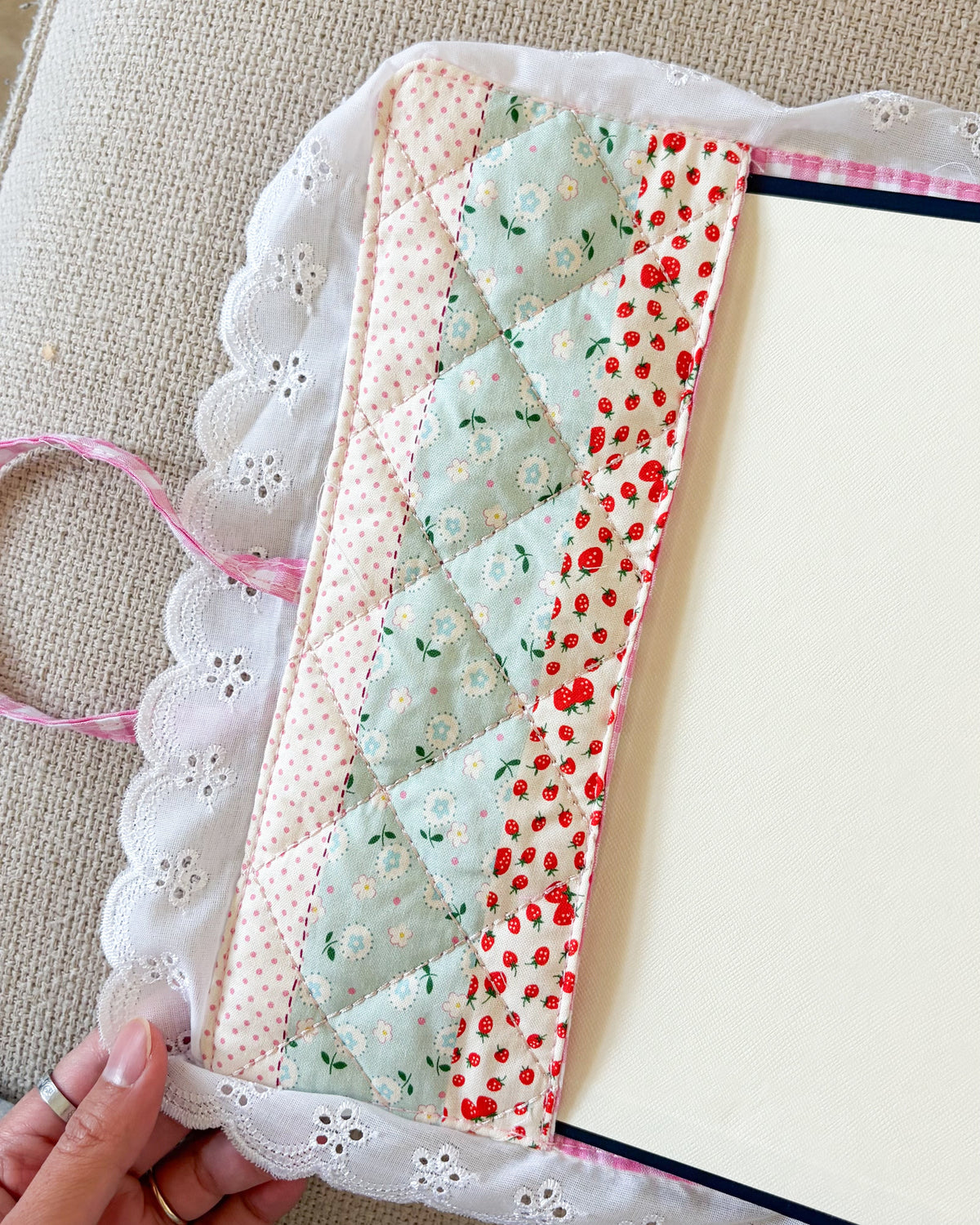 Quilted Floral Book Sleeve for Large Study Bible Cover - The Bean Workshop - Baptism gift, bible cover, bible gift, bible journaling, book sleeve, Confirmation gift, cottagecore, cottagecore gift, eyelet lace, faith gift, First Communion gift, handmade, handmade gift, patchwork, quilted book sleeve