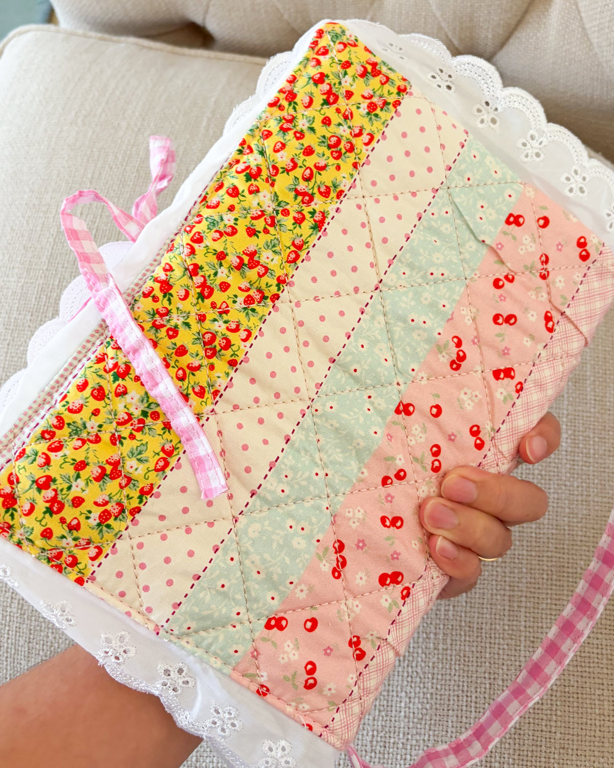 Quilted Floral Book Sleeve for Large Study Bible Cover - The Bean Workshop - Baptism gift, bible cover, bible gift, bible journaling, book sleeve, Confirmation gift, cottagecore, cottagecore gift, eyelet lace, faith gift, First Communion gift, handmade, handmade gift, patchwork, quilted book sleeve