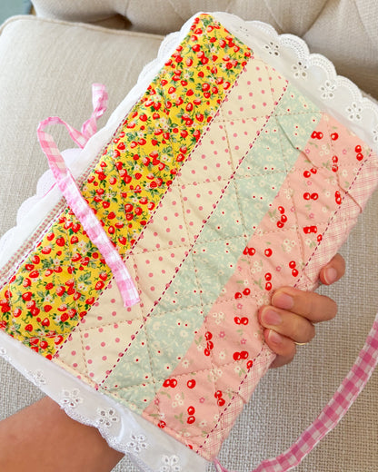 Quilted Floral Book Sleeve for Large Study Bible Cover - The Bean Workshop - Baptism gift, bible cover, bible gift, bible journaling, book sleeve, Confirmation gift, cottagecore, cottagecore gift, eyelet lace, faith gift, First Communion gift, handmade, handmade gift, patchwork, quilted book sleeve