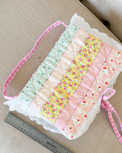 Quilted Floral Book Sleeve for Large Study Bible Cover - The Bean Workshop - Baptism gift, bible cover, bible gift, bible journaling, book sleeve, Confirmation gift, cottagecore, cottagecore gift, eyelet lace, faith gift, First Communion gift, handmade, handmade gift, patchwork, quilted book sleeve