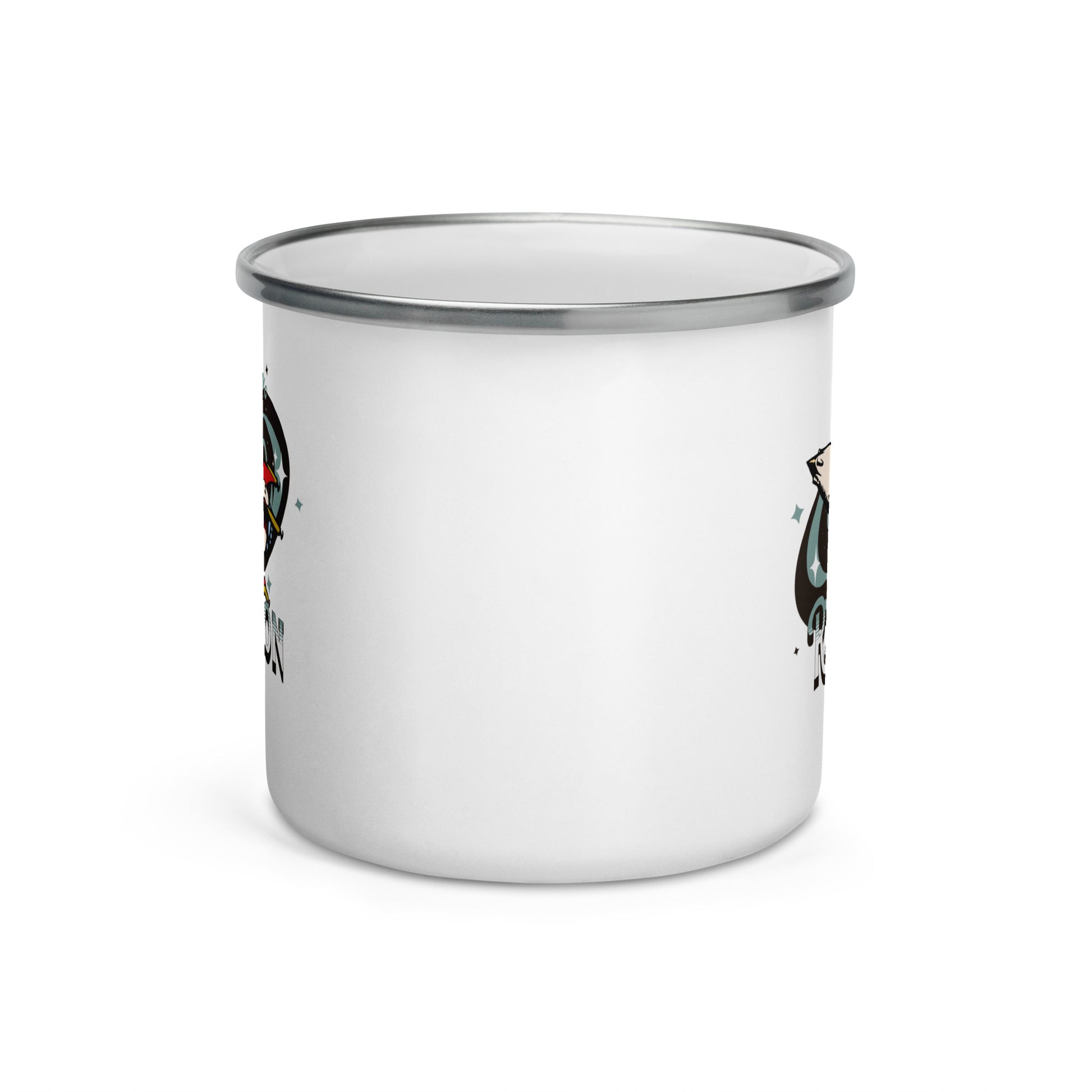 white enamel mug with partial whimsical illustration and silver rim