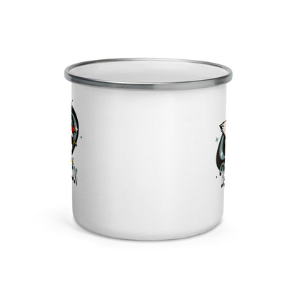 white enamel mug with partial whimsical illustration and silver rim