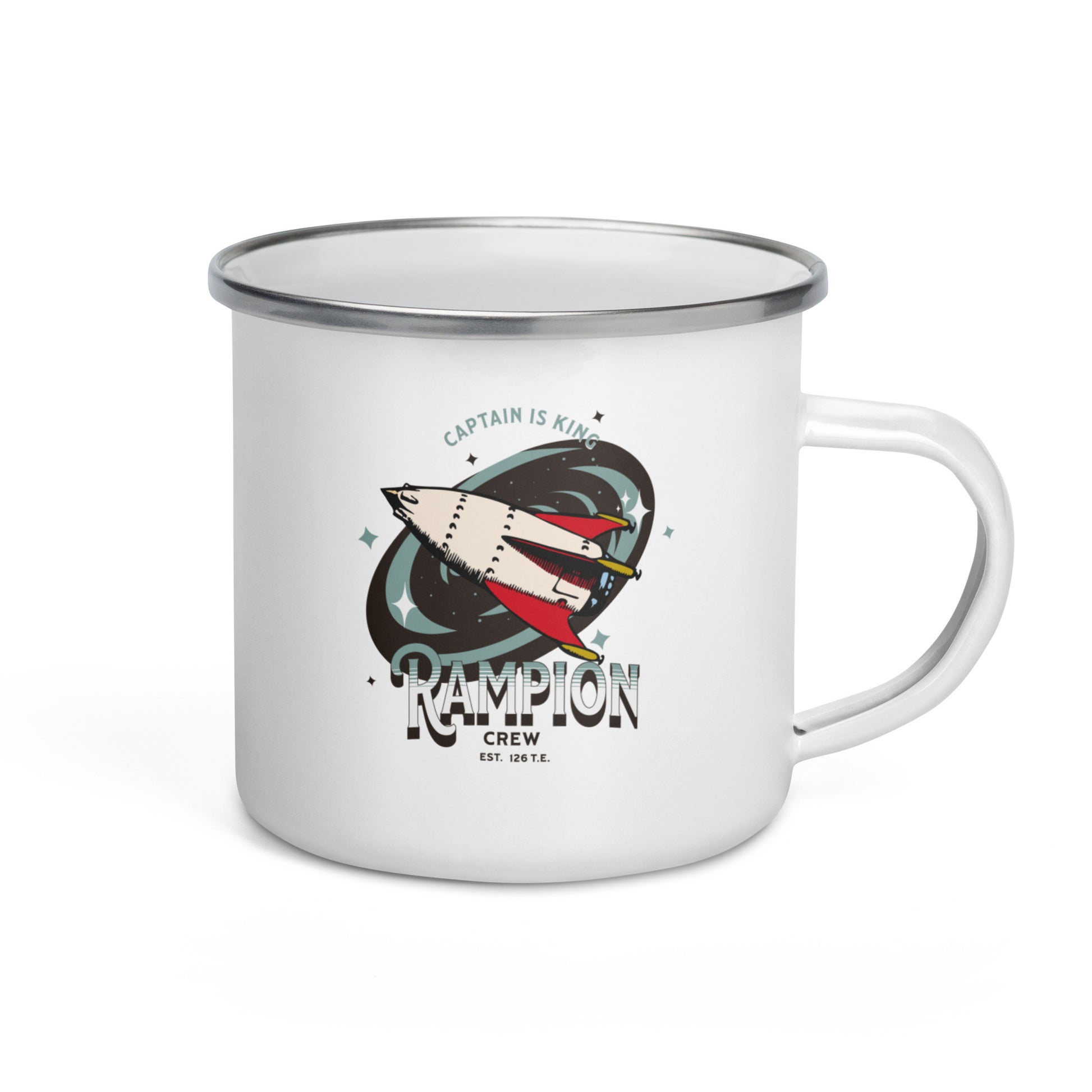 White enamel mug with spaceship graphic and 'Rampion Crew' text, bookish merchandise