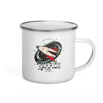 White enamel mug with spaceship graphic and 'Rampion Crew' text, bookish merchandise