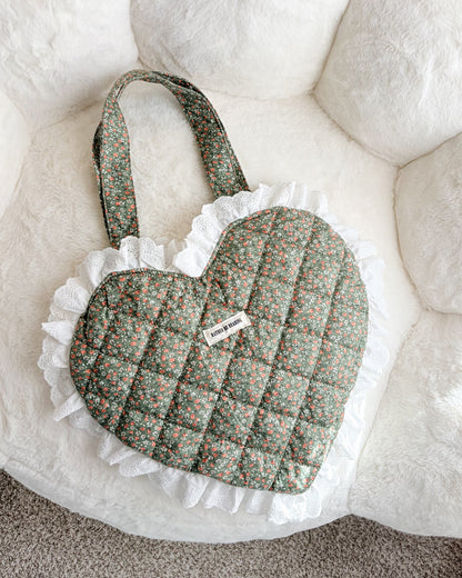 Rather Be Reading Green Quilted Heart Tote Bag with Ruffled Lace Trimming - The Bean Workshop - book girlie, book tote bag, coquette, Coquette Aesthetic, decorative pillow, gift for book lovers, girlie, girly, heart tote, quilted tote, quilted tote bag, reading tote bag, tote bag, valentines gift
