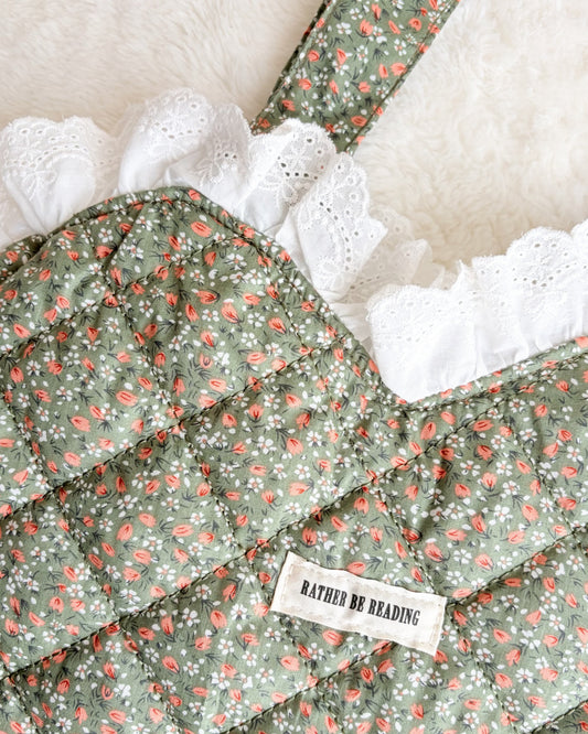 Rather Be Reading Green Quilted Heart Tote Bag with Ruffled Lace Trimming - The Bean Workshop - book girlie, book tote bag, coquette, Coquette Aesthetic, decorative pillow, gift for book lovers, girlie, girly, heart tote, quilted tote, quilted tote bag, reading tote bag, tote bag, valentines gift