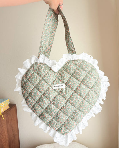 Rather Be Reading Green Quilted Heart Tote Bag with Ruffled Lace Trimming - The Bean Workshop - book girlie, book tote bag, coquette, Coquette Aesthetic, decorative pillow, gift for book lovers, girlie, girly, heart tote, quilted tote, quilted tote bag, reading tote bag, tote bag, valentines gift