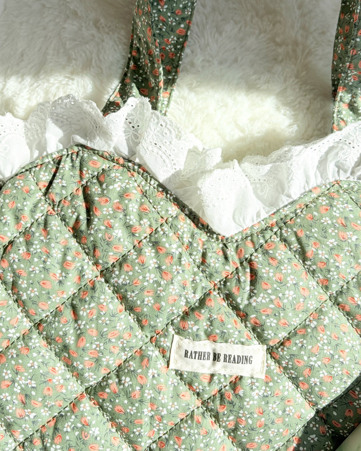 Rather Be Reading Green Quilted Heart Tote Bag with Ruffled Lace Trimming - The Bean Workshop - book girlie, book tote bag, coquette, Coquette Aesthetic, decorative pillow, gift for book lovers, girlie, girly, heart tote, quilted tote, quilted tote bag, reading tote bag, tote bag, valentines gift