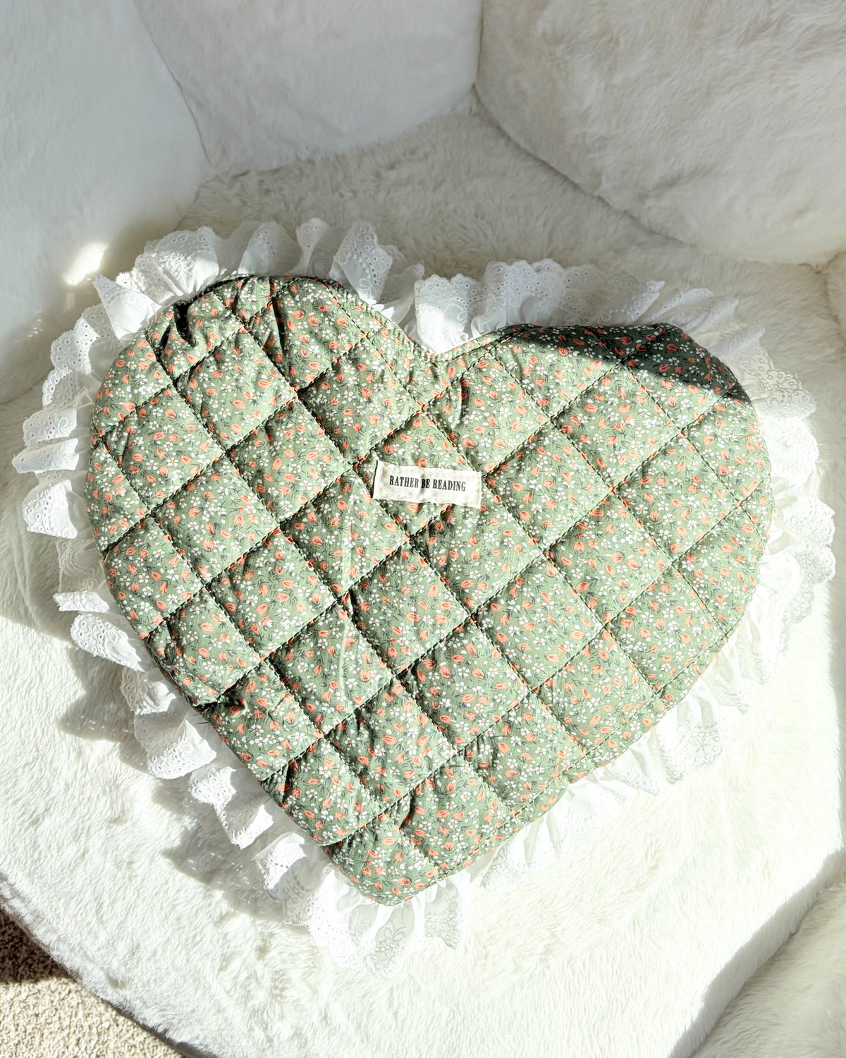 Rather Be Reading Green Quilted Heart Tote Bag with Ruffled Lace Trimming - The Bean Workshop - book girlie, book tote bag, coquette, Coquette Aesthetic, decorative pillow, gift for book lovers, girlie, girly, heart tote, quilted tote, quilted tote bag, reading tote bag, tote bag, valentines gift