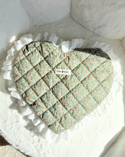 Rather Be Reading Green Quilted Heart Tote Bag with Ruffled Lace Trimming - The Bean Workshop - book girlie, book tote bag, coquette, Coquette Aesthetic, decorative pillow, gift for book lovers, girlie, girly, heart tote, quilted tote, quilted tote bag, reading tote bag, tote bag, valentines gift