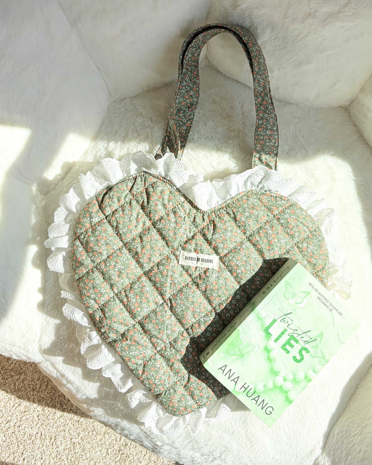 Rather Be Reading Green Quilted Heart Tote Bag with Ruffled Lace Trimming