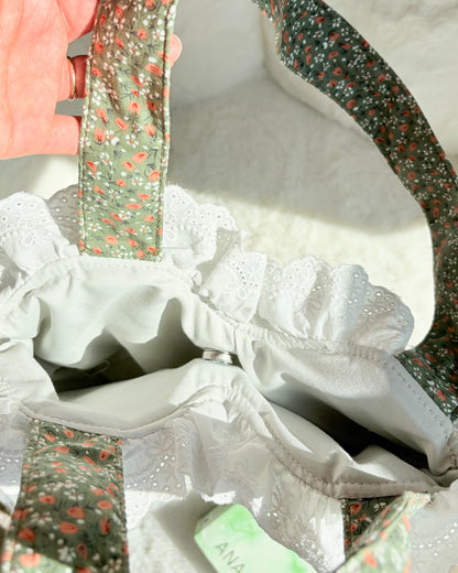 Rather Be Reading Green Quilted Heart Tote Bag with Ruffled Lace Trimming