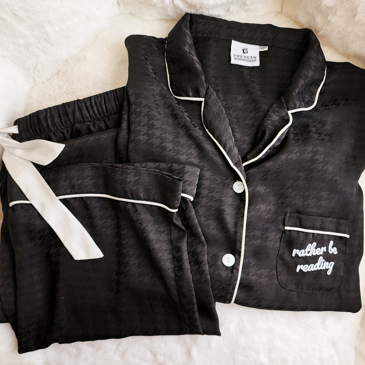 Rather Be Reading Satin Houndstooth Pajama Set - The Bean Workshop - Bookish Loungewear Matching Pajama Set, Button Front Pajama, Long Sleeve Pajama Top, pajama, Pajama Pants, pyjama, Reader Pajamas