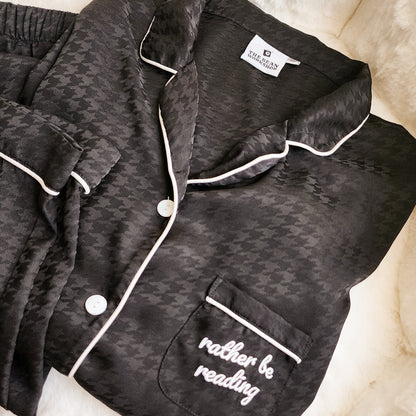 Rather Be Reading Satin Houndstooth Pajama Set - The Bean Workshop - Bookish Loungewear Matching Pajama Set, Button Front Pajama, Long Sleeve Pajama Top, pajama, Pajama Pants, pyjama, Reader Pajamas