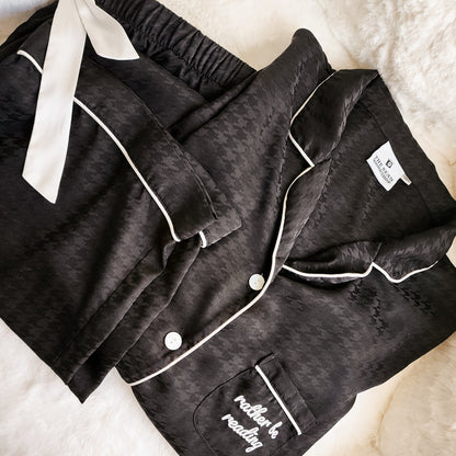 Rather Be Reading Satin Houndstooth Pajama Set - The Bean Workshop - Bookish Loungewear Matching Pajama Set, Button Front Pajama, Long Sleeve Pajama Top, pajama, Pajama Pants, pyjama, Reader Pajamas