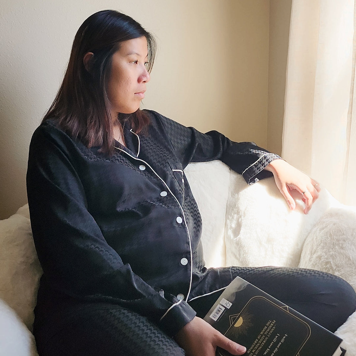 Rather Be Reading Satin Houndstooth Pajama Set - The Bean Workshop - Bookish Loungewear Matching Pajama Set, Button Front Pajama, Long Sleeve Pajama Top, pajama, Pajama Pants, pyjama, Reader Pajamas