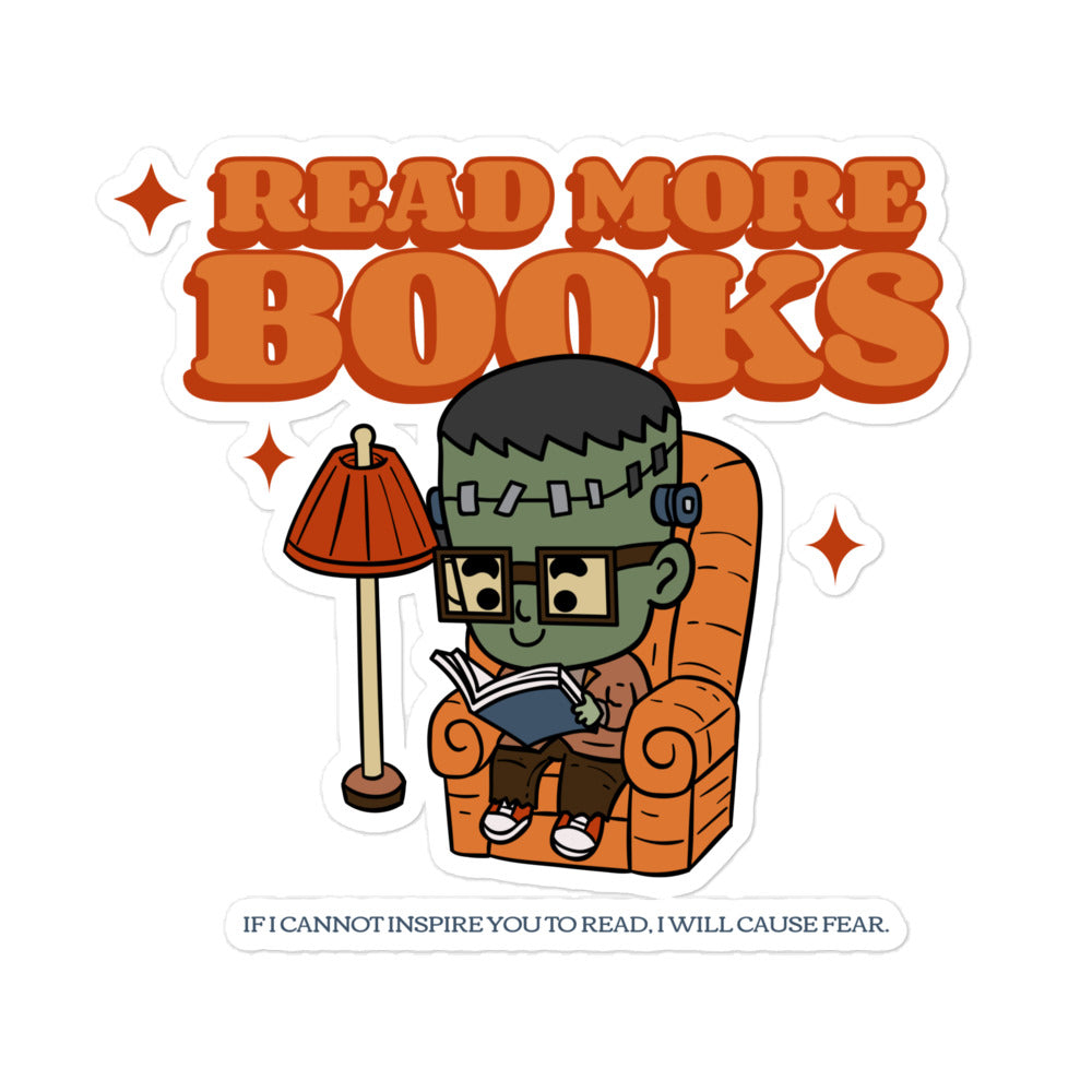Read More Books Franken-Reads sticker - The Bean Workshop - book lover sticker, bookish merch, bookworm gift, cute monster, Franken-Reads, Frankenstein sticker, Halloween sticker, laptop sticker, literary sticker, reading aesthetic, spooky season, unique gift for readers, water bottle decal