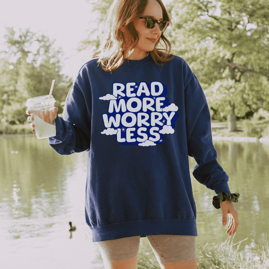 Read More Worry Less Heavyweight Sweatshirt - The Bean Workshop - Anxiety Relief Loungewear, Book Lover Hoodie, Bookish Summer Collection, Calm Bibliophile Pullover, Cozy Reading Sweater, Read More Worry Less Sweatshirt, sweater, sweatshirt, Whimsical Book Sweatshirt.