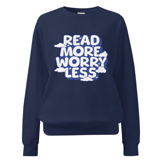Read More Worry Less Heavyweight Sweatshirt - The Bean Workshop - Anxiety Relief Loungewear, Book Lover Hoodie, Bookish Summer Collection, Calm Bibliophile Pullover, Cozy Reading Sweater, Read More Worry Less Sweatshirt, sweater, sweatshirt, Whimsical Book Sweatshirt.
