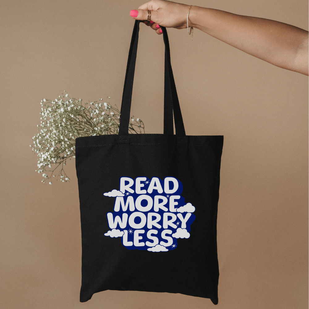 Read More Worry Less Organic Cotton Twill Tote Bag - The Bean Workshop - Bibliophile Carryall, Bookish Summer Collection, Calm Quote Bag, Eco-Friendly Reader Tote, Organic Cotton Book Bag, Organic Cotton Twil tote Bag, Read More Worry Less Tote Bag, Tote Bag, Whimsical Literary Tote