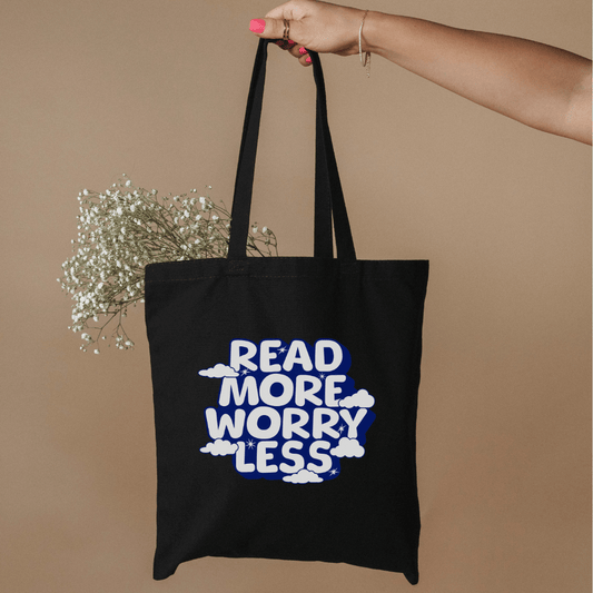 Read More Worry Less Organic Cotton Twill Tote Bag - The Bean Workshop - Bibliophile Carryall, Bookish Summer Collection, Calm Quote Bag, Eco-Friendly Reader Tote, Organic Cotton Book Bag, Organic Cotton Twil tote Bag, Read More Worry Less Tote Bag, Tote Bag, Whimsical Literary Tote