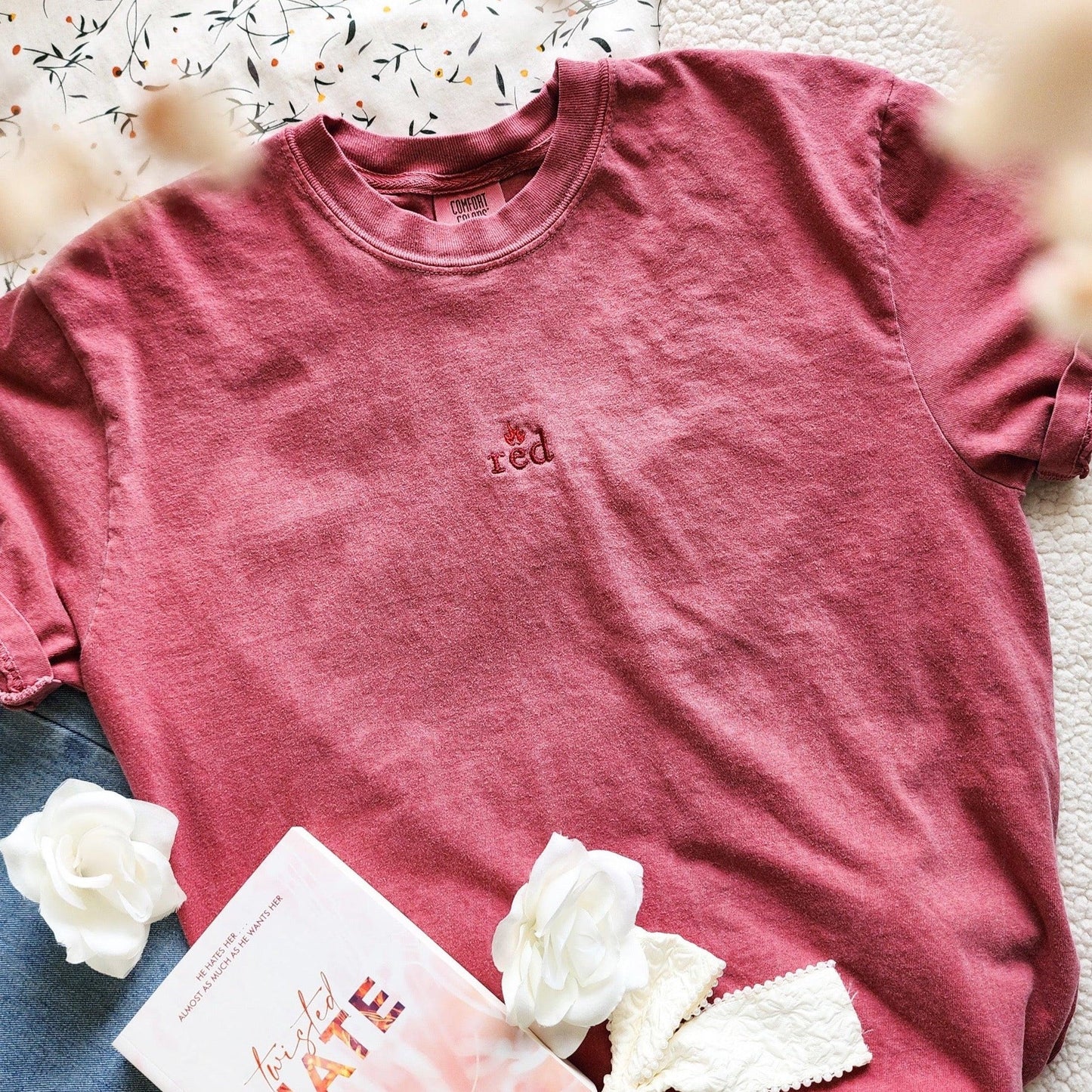 Red Embroidered T-Shirt - The Bean Workshop - ana huang, box tee, embroidered, twisted