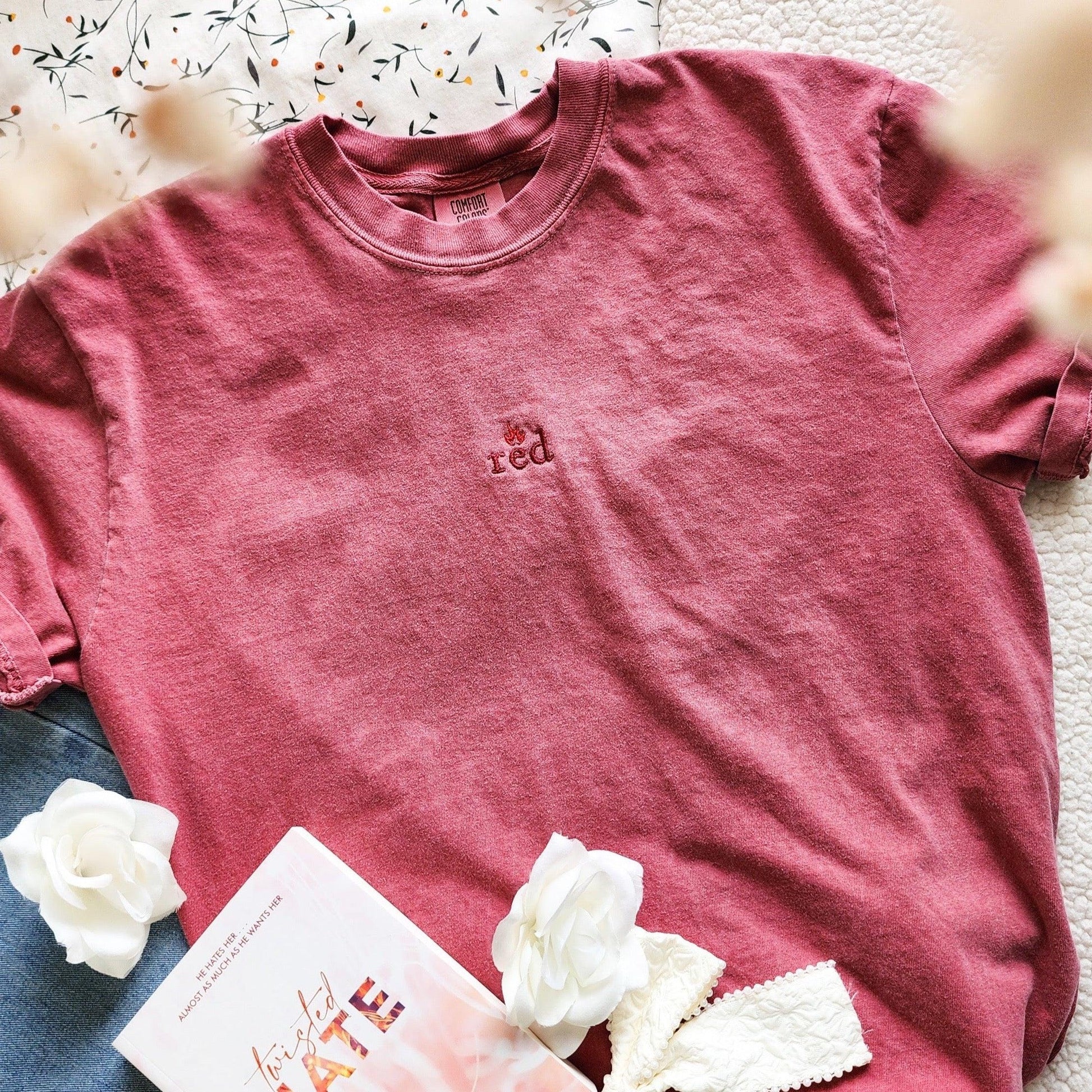 Red Jules Ambrose Embroidered T-Shirt - The Bean Workshop - ana huang, box tee, embroidered, twisted
