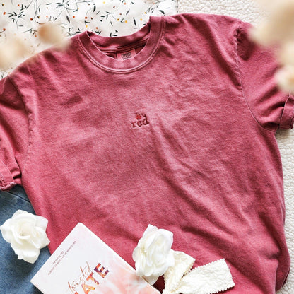 Red Jules Ambrose Embroidered T-Shirt - The Bean Workshop - ana huang, box tee, embroidered, twisted