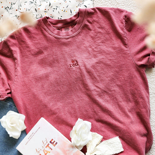 Red Jules Ambrose Embroidered T-Shirt - The Bean Workshop - ana huang, box tee, embroidered, twisted