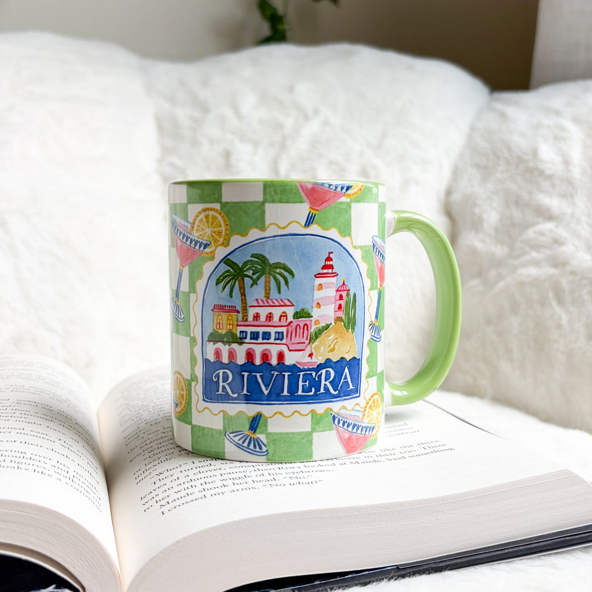 Riviera Green Checkered Ceramic Mug - The Bean Workshop - aesthetic mug, bookish gifts, bookish mug, ceramic mug, checkered mug, coastal grandmother, cocktail illustration, coffee mug, cottagecore, desk accessories, French Riviera, gifts for her, green handle mug, green mug, lighthouse, mug, palm tree, preppy, reader gifts, Riviera mug, tea mug