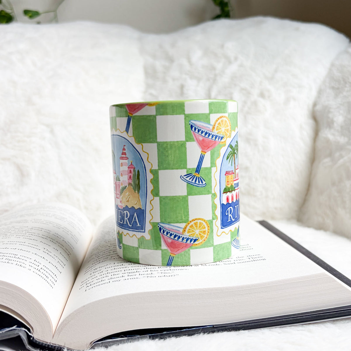 Riviera Green Checkered Ceramic Mug - The Bean Workshop - aesthetic mug, bookish gifts, bookish mug, ceramic mug, checkered mug, coastal grandmother, cocktail illustration, coffee mug, cottagecore, desk accessories, French Riviera, gifts for her, green handle mug, green mug, lighthouse, mug, palm tree, preppy, reader gifts, Riviera mug, tea mug