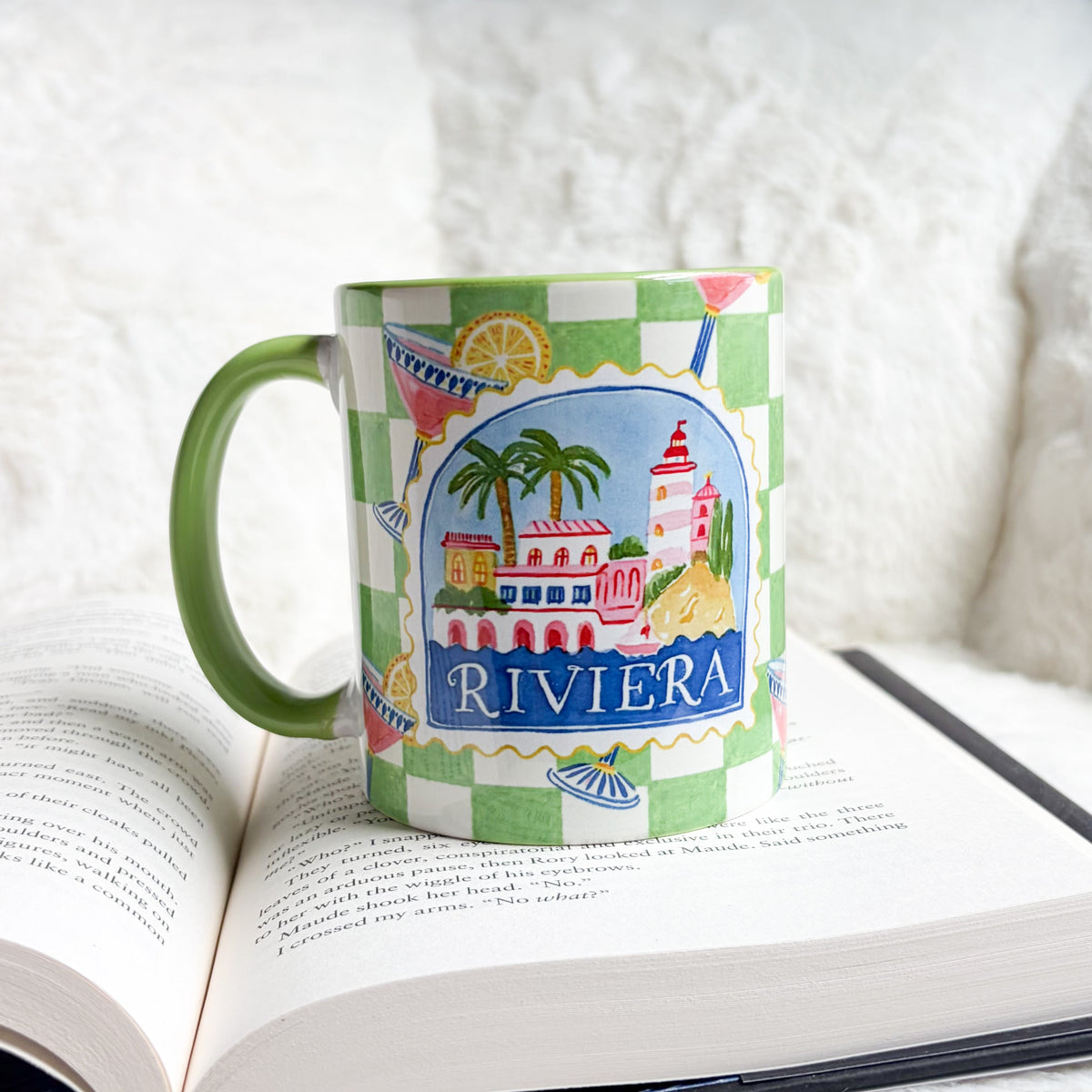Riviera Green Checkered Ceramic Mug - The Bean Workshop - aesthetic mug, bookish gifts, bookish mug, ceramic mug, checkered mug, coastal grandmother, cocktail illustration, coffee mug, cottagecore, desk accessories, French Riviera, gifts for her, green handle mug, green mug, lighthouse, mug, palm tree, preppy, reader gifts, Riviera mug, tea mug