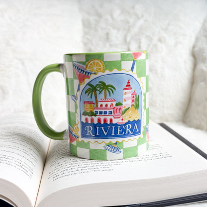 Riviera Green Checkered Ceramic Mug - The Bean Workshop - aesthetic mug, bookish gifts, bookish mug, ceramic mug, checkered mug, coastal grandmother, cocktail illustration, coffee mug, cottagecore, desk accessories, French Riviera, gifts for her, green handle mug, green mug, lighthouse, mug, palm tree, preppy, reader gifts, Riviera mug, tea mug