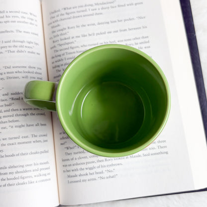 Riviera Green Checkered Ceramic Mug - The Bean Workshop - aesthetic mug, bookish gifts, bookish mug, ceramic mug, checkered mug, coastal grandmother, cocktail illustration, coffee mug, cottagecore, desk accessories, French Riviera, gifts for her, green handle mug, green mug, lighthouse, mug, palm tree, preppy, reader gifts, Riviera mug, tea mug