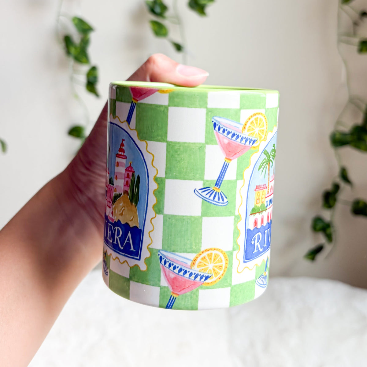 Riviera Green Checkered Ceramic Mug - The Bean Workshop - aesthetic mug, bookish gifts, bookish mug, ceramic mug, checkered mug, coastal grandmother, cocktail illustration, coffee mug, cottagecore, desk accessories, French Riviera, gifts for her, green handle mug, green mug, lighthouse, mug, palm tree, preppy, reader gifts, Riviera mug, tea mug